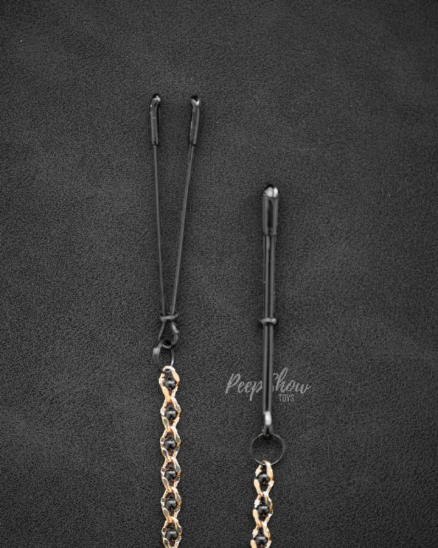 Adjustable Black Tweezer Nipple Clamps with Gold, Beaded Chain