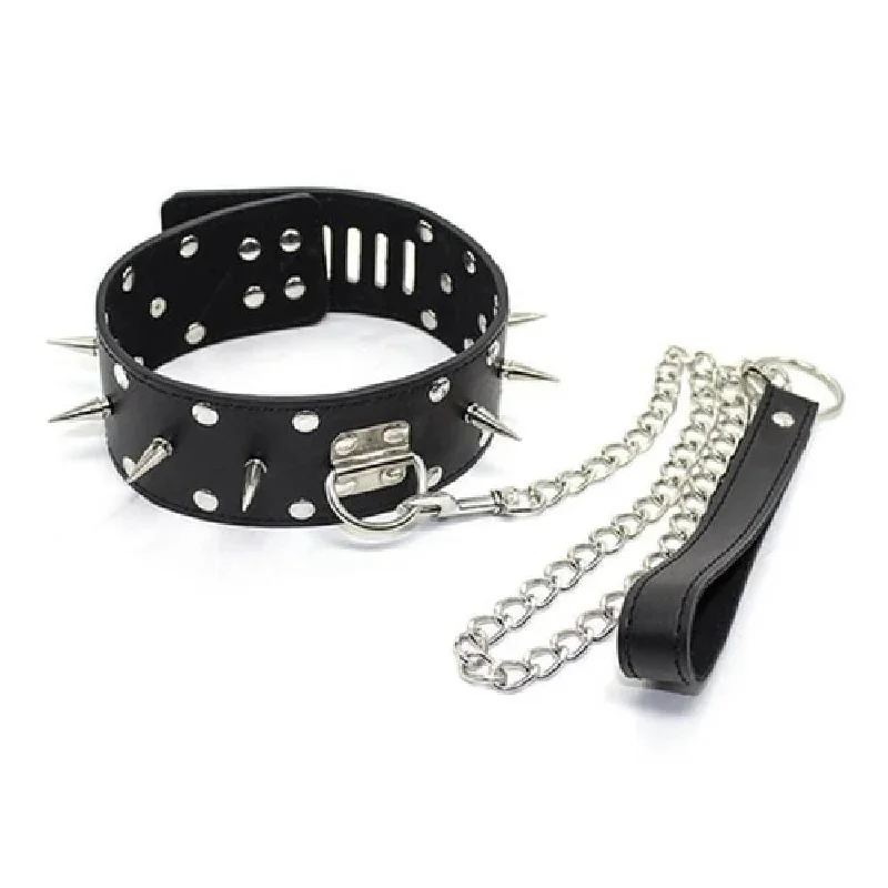 Black Fetish Barbed or Spiked Leather Collar Leash BDSM Toy