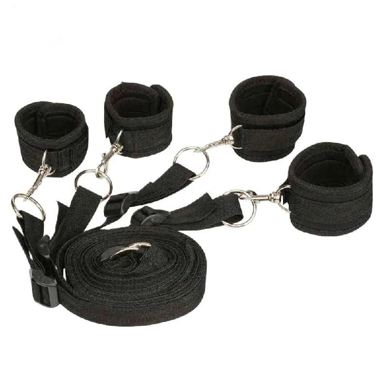 Black Nylon 6-Piece Ankle Bed Restraint Set BDSM with Strap