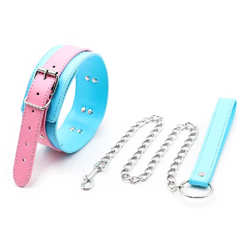 Yiwu Baby Blue & Pink Faux Leather Collar & Chain Leash