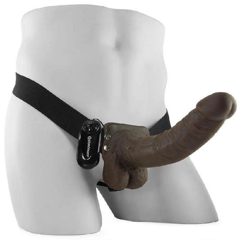 Vibrating 9 Inch Brown Hollow Strap-On Penis Extension with Balls